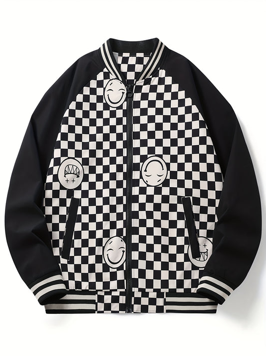 Smiling Face Plaid Jacket Men's Zip Up Coat