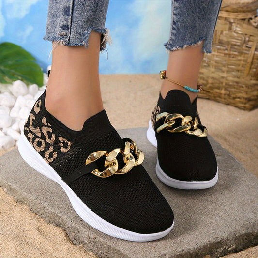 Leopard Print Sneakers with Chain Decor - Breathable Knit Low Top Shoes