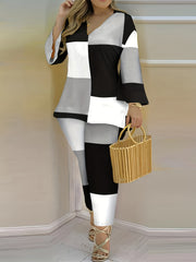  Colorblock Bell Sleeve V Neck Top & Pants Set