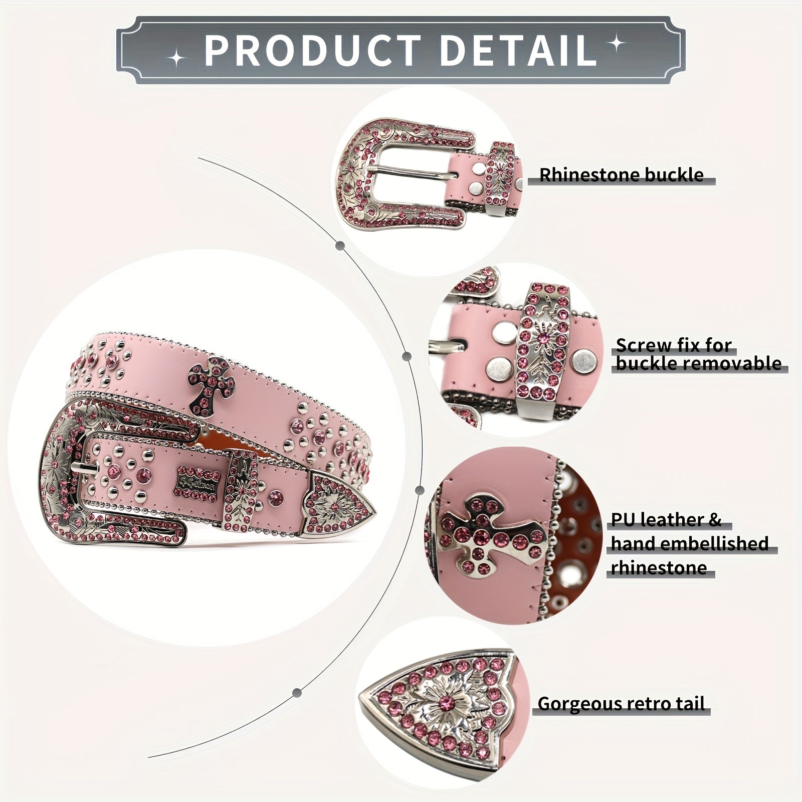 Pink Rhinestone Cross PU Belt Punk Hip Hop Jeans Pants Belt Y2K