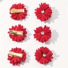 6 Pack Fabric Flower Hair Clips Set with Rhinestones