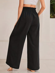 Solid Wide Leg Pants Paper Bag Waist Casual Pants