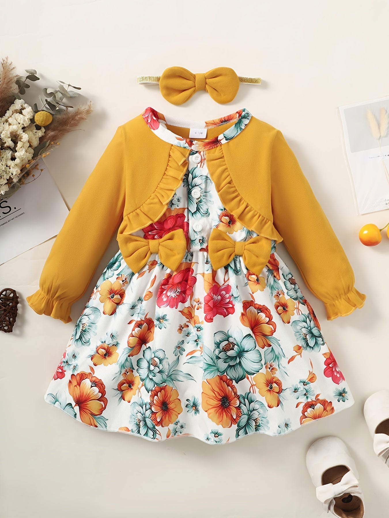 Girls Corduroy Floral Bow Dress Baby Clothes
