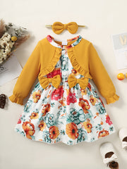 Girls Corduroy Floral Bow Dress Baby Clothes