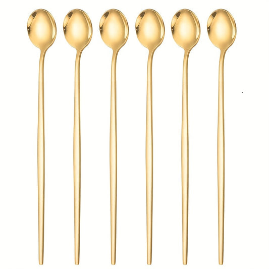 6pcs Stainless Steel Ice Tea Spoons Long Handle Golden Mirror Finish