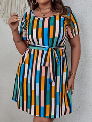  Colorful Striped Short Sleeve Round Neck Belted Dress