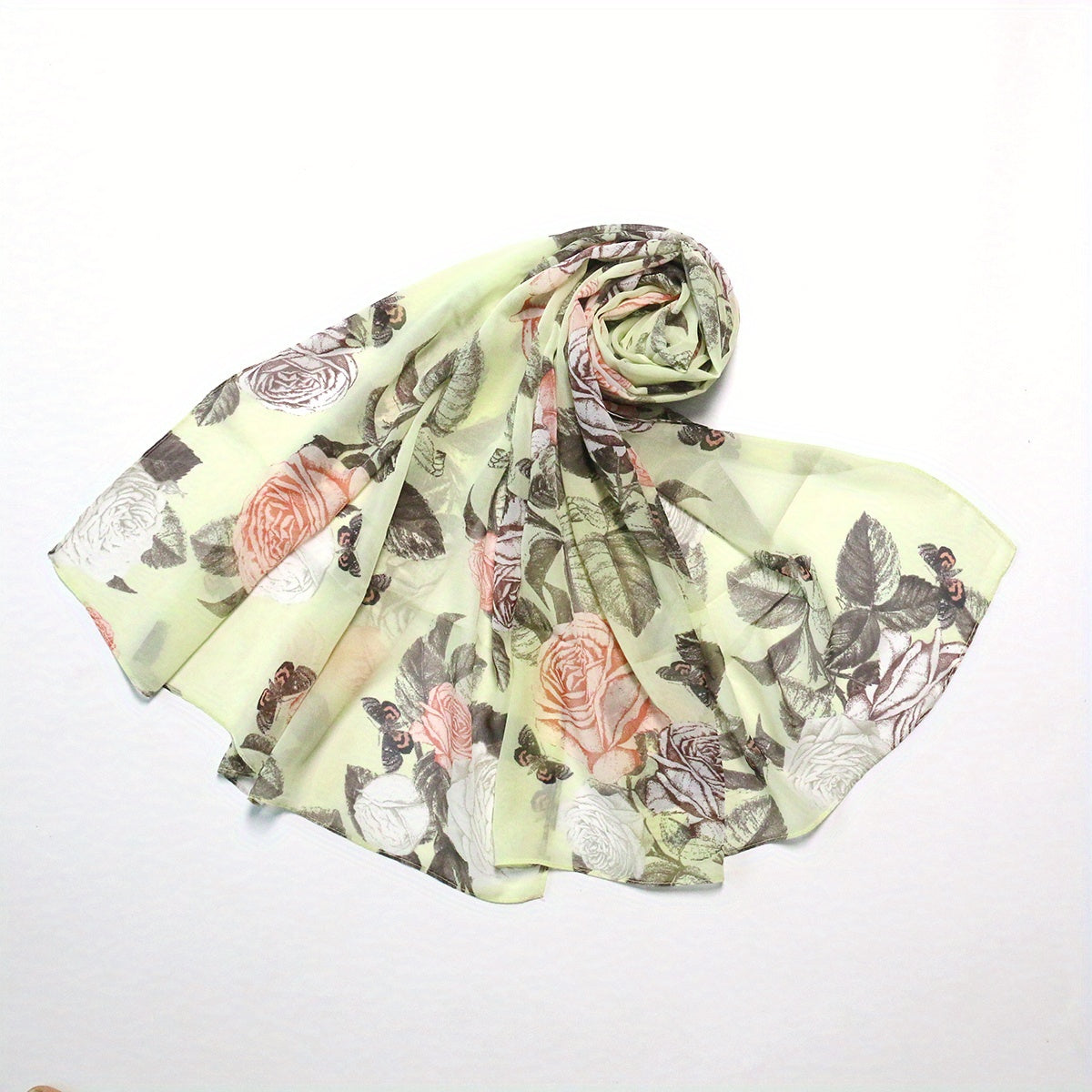 Vintage Rose Print Chiffon Scarf Green Shawl Thin Hijab Women Headscarf