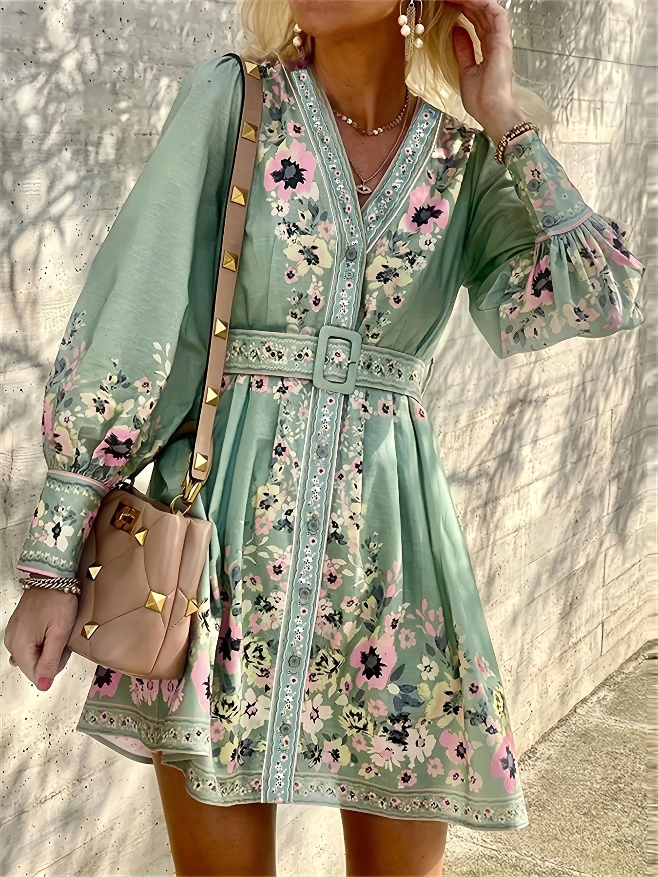  Boho Dress Women's Plus Border Floral Print Long Sleeve V Neck Dress