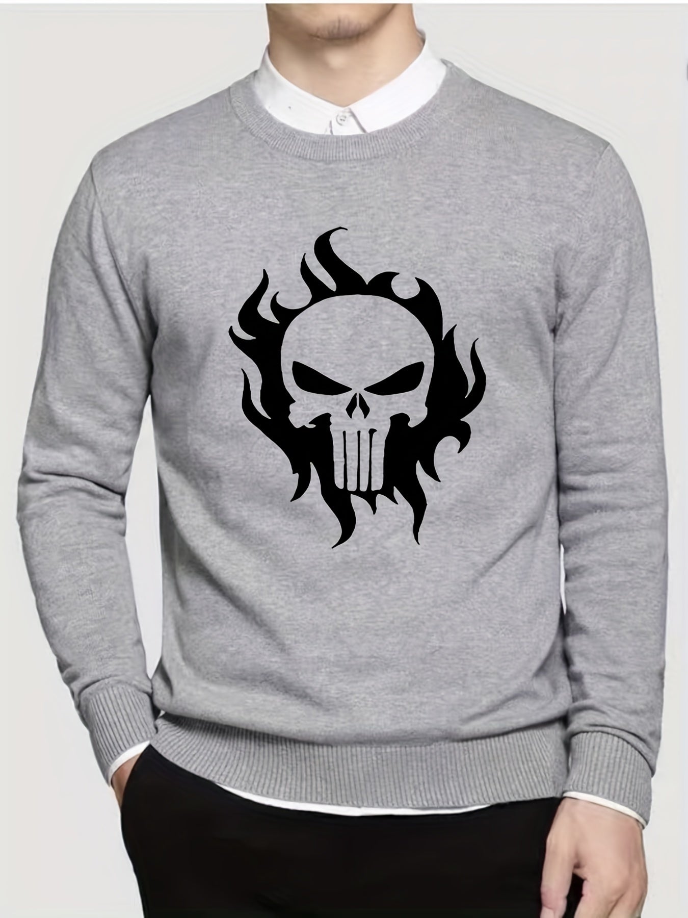 Skull In Fire Knitted Sweater Men's Warm Pullover For Fall Winter