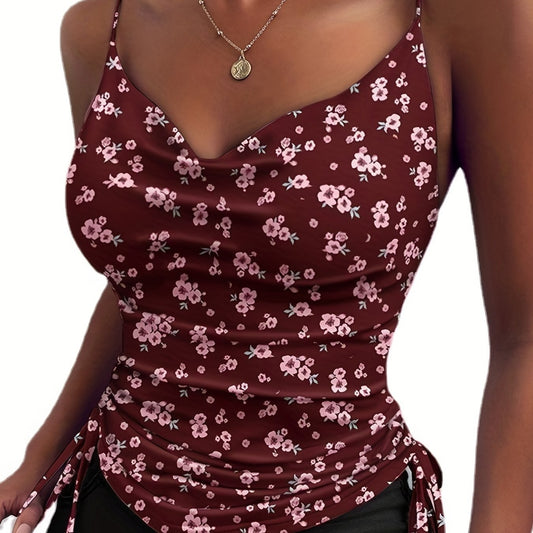 Leopard Print V Neck Cami Top Sexy Drawstring Side Cami Top