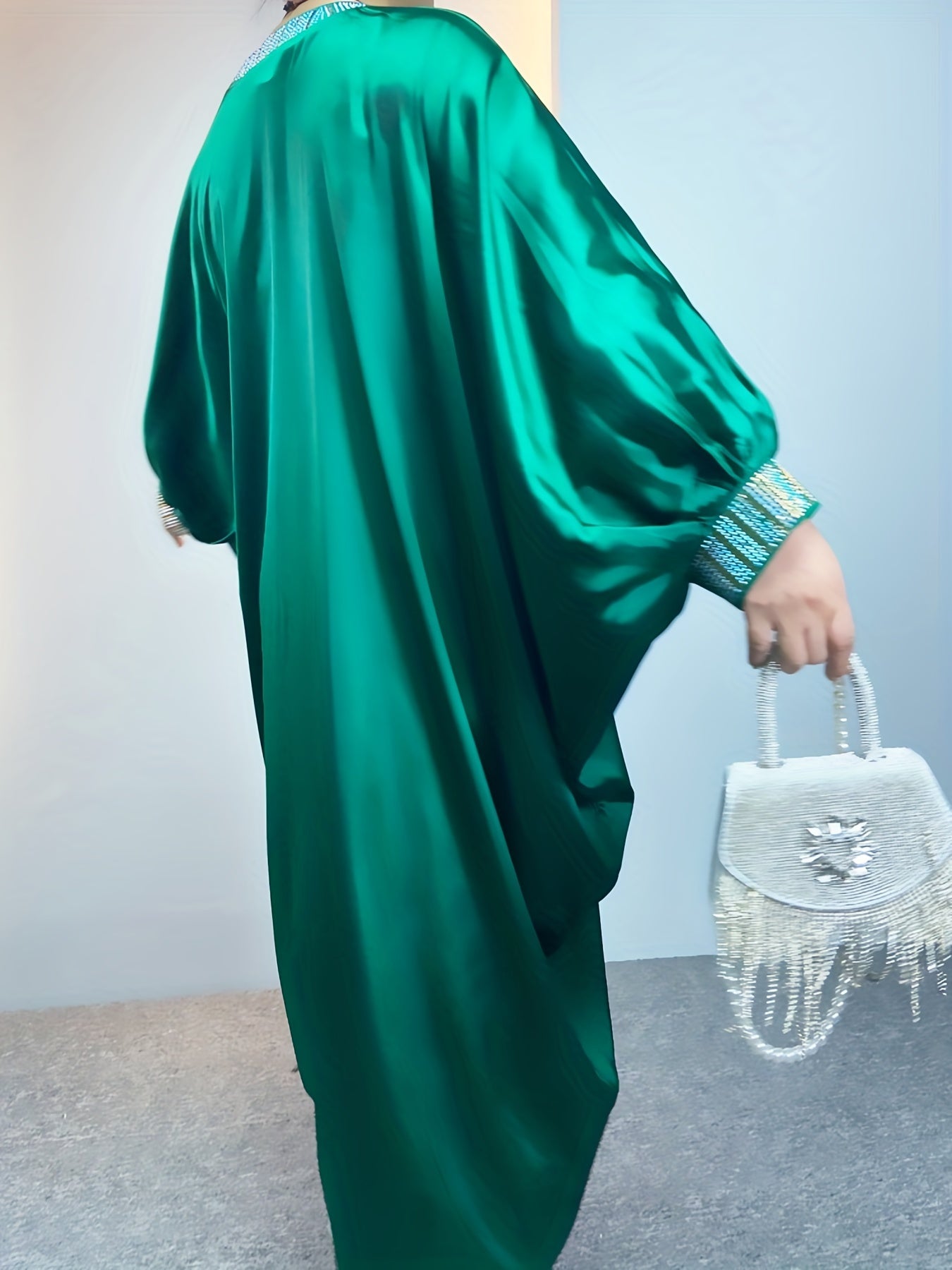  Glitter Rhinestone Satin Batwing Maxi Dress