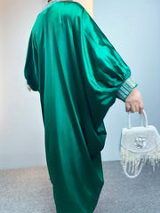  Glitter Rhinestone Satin Batwing Maxi Dress