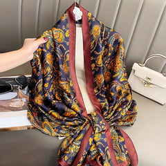 Paisley Print Scarf Navy Satin Shawl Casual Windproof Head Wrap
