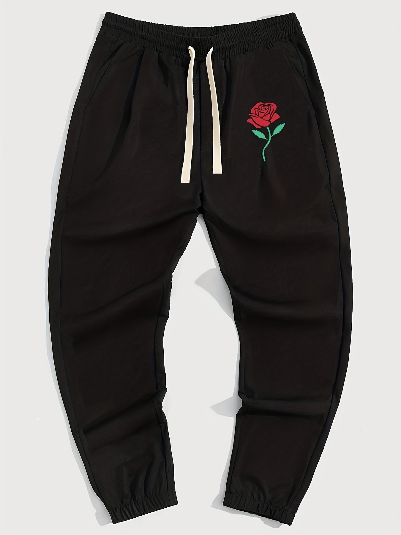 Men s Rose Print Casual Drawstring Sweatpants