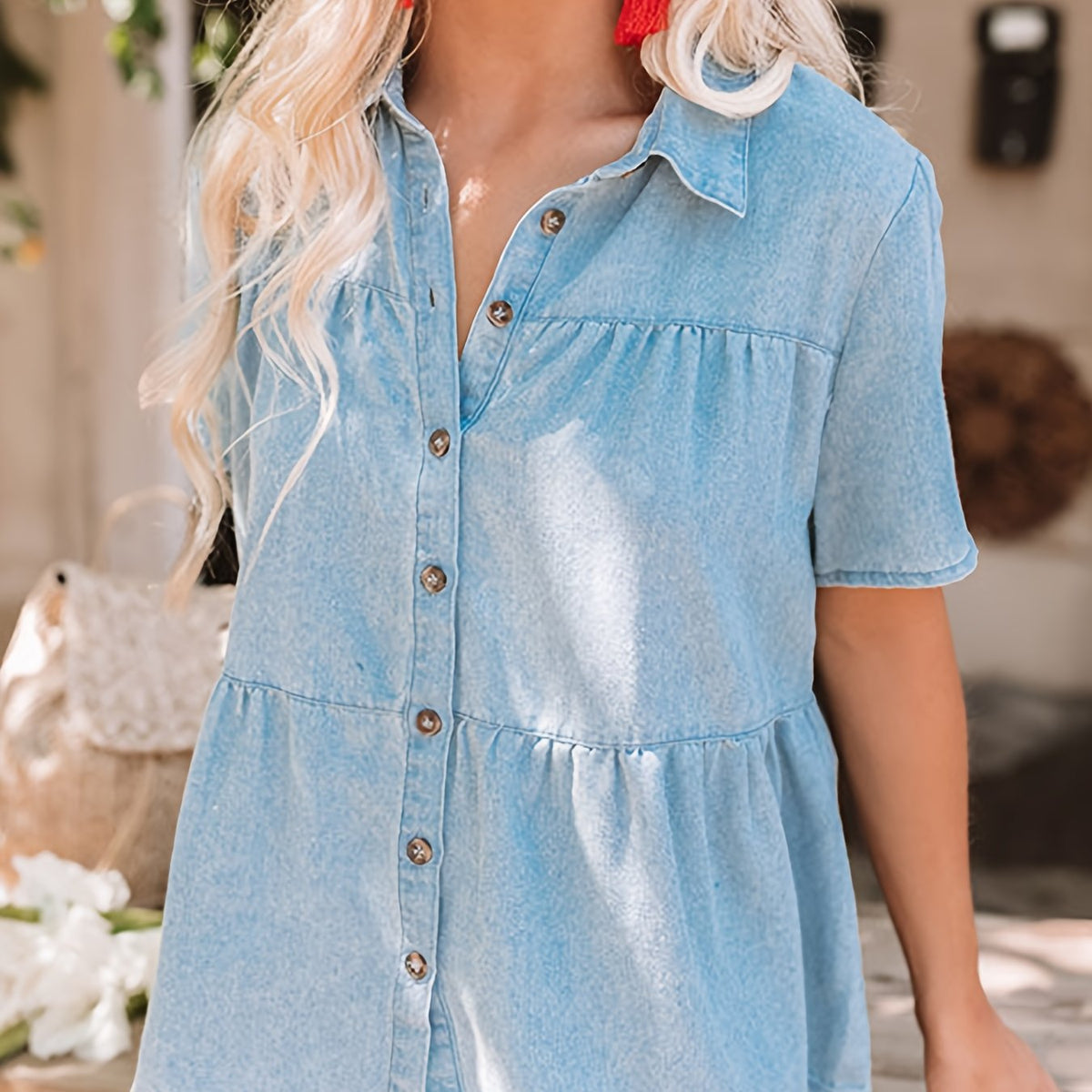 Short Sleeves Denim Shirt Women's Clothing
