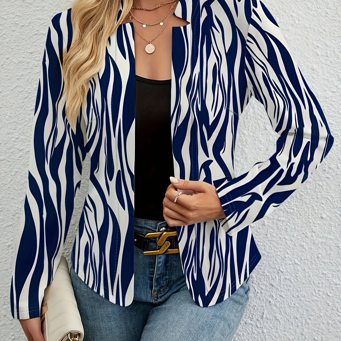  Women's Striped Print Open Front Long Sleeve Blazer