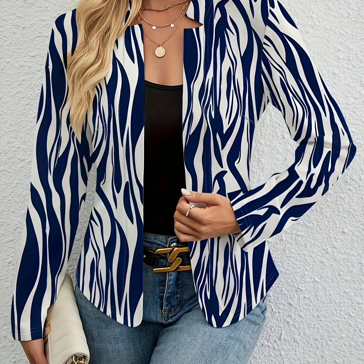  Women's Striped Print Open Front Long Sleeve Blazer