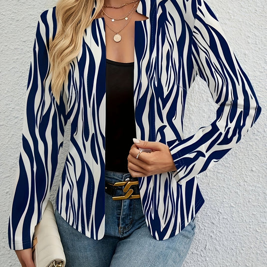  Women's Striped Print Open Front Long Sleeve Blazer