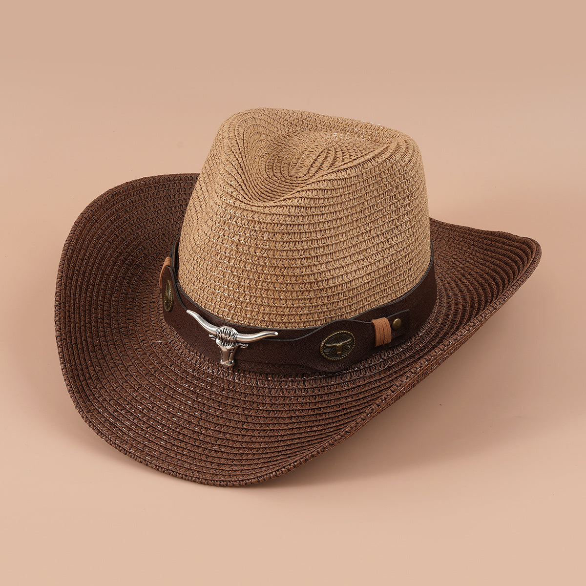 Big Cow Head Leather Belt Retro Outdoor Sunshade Western Cowboy Straw Hat