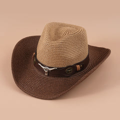 Big Cow Head Leather Belt Retro Outdoor Sunshade Western Cowboy Straw Hat