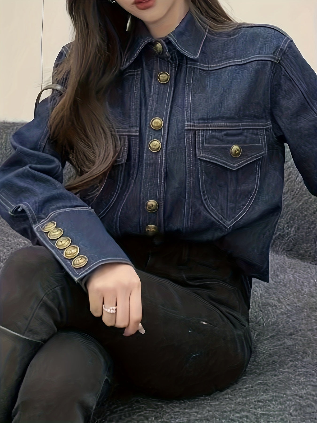 Dark Lapel Denim Jackets Long Sleeves Button Closure Loose Fit