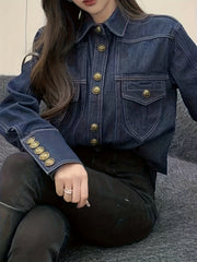 Dark Lapel Denim Jackets Long Sleeves Button Closure Loose Fit