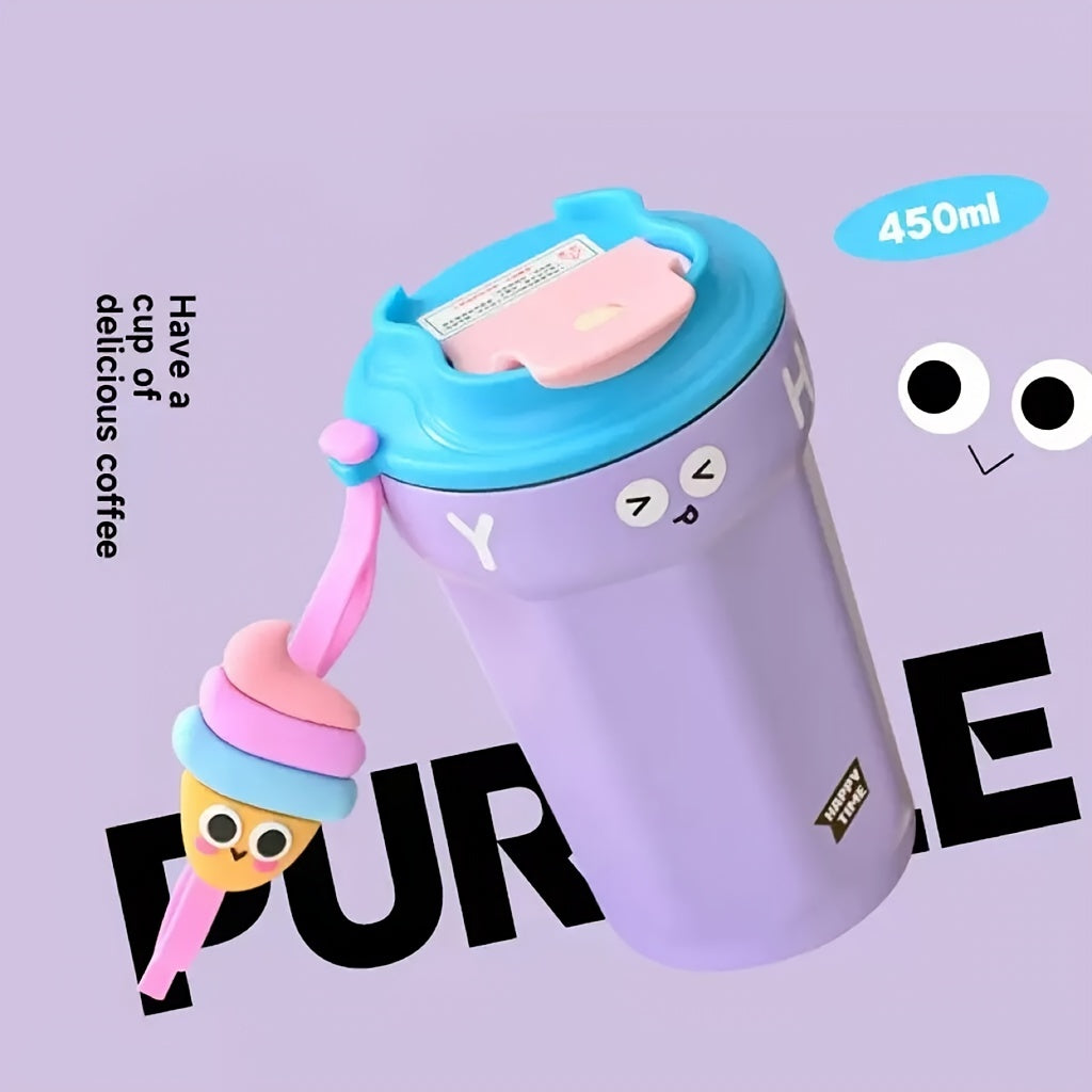 450ml Solid Coffee Cup Cartoon Strap Stainless Steel Water Cup