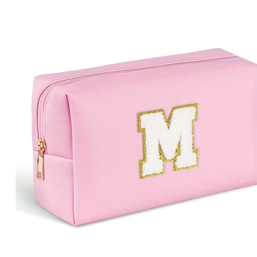 Preppy Makeup Bag With Zipper Chenille Letter Pink Travel Cosmetic Bag For Women