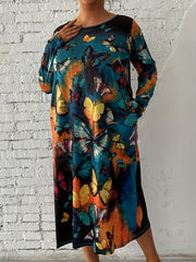  Tie Dye & Butterfly Print Long Sleeve Casual Dress