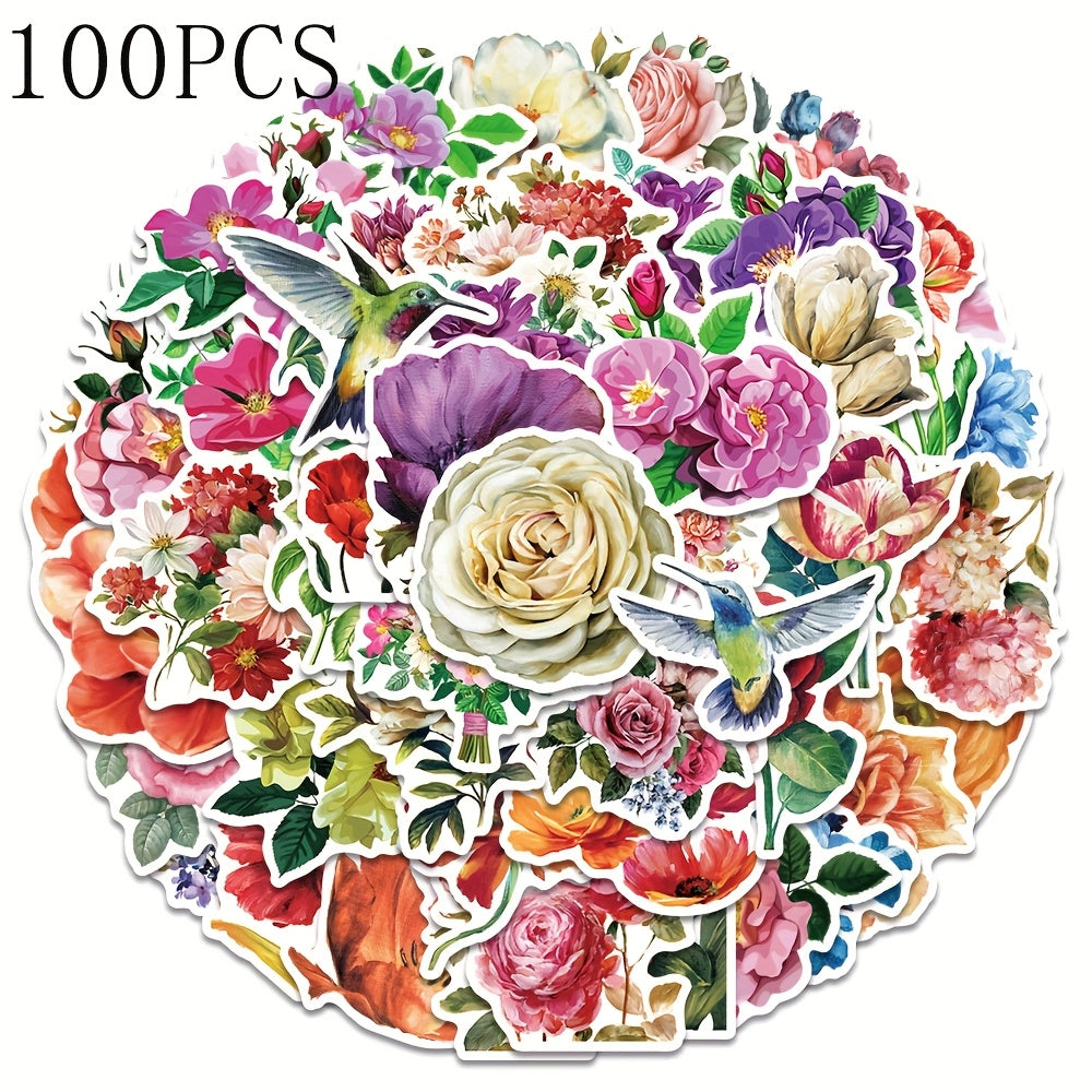 100pcs Rose & Tulip Flower Stickers Vibrant Mixed Colors Self Adhesive Decals
