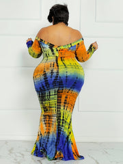 Tie Dye Off Shoulder Maxi Mermaid Dress