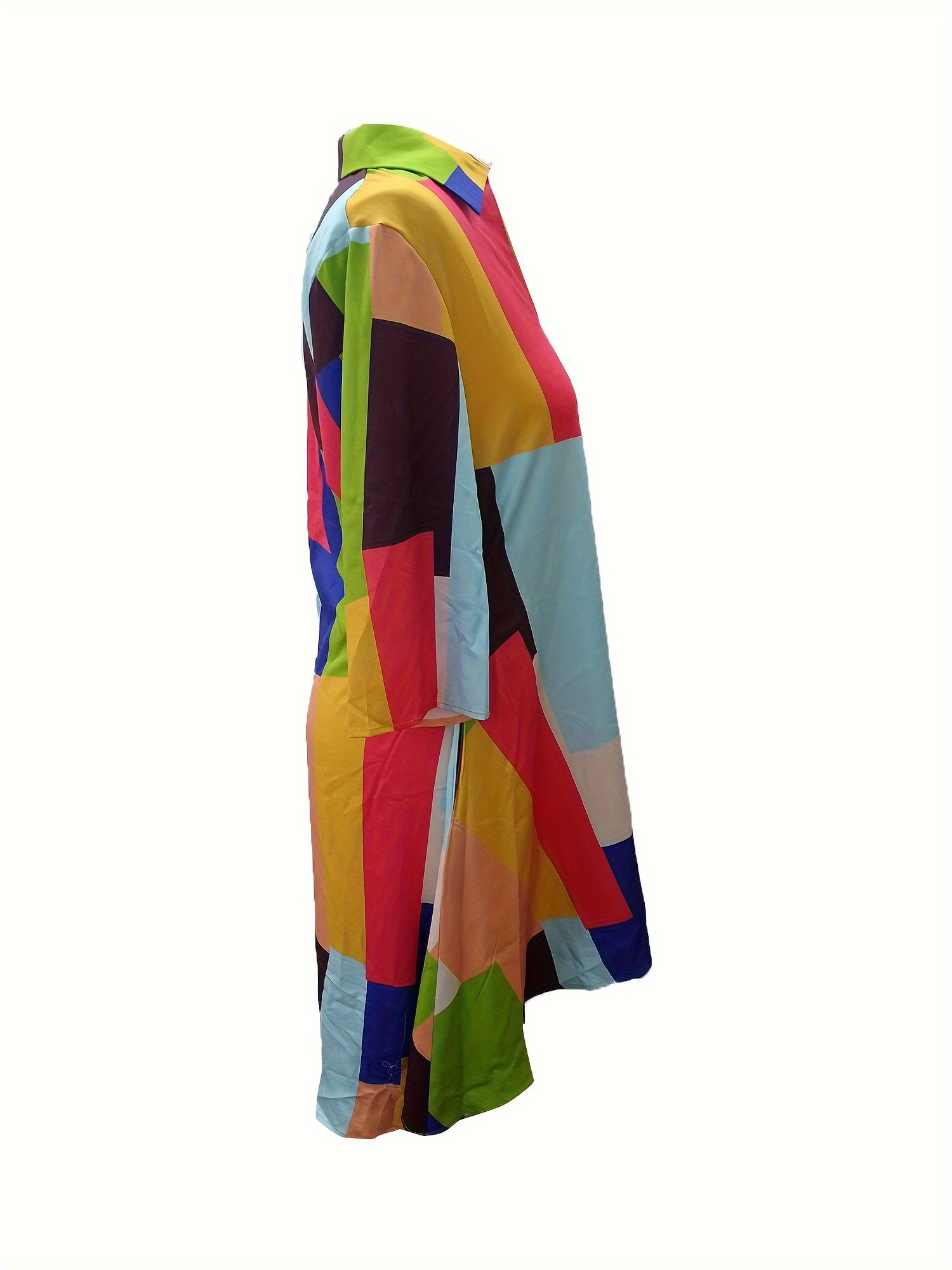  Colorblock Grid Print Half Sleeve V Neck Dress With Pockets