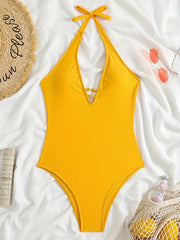 Yellow Halter Ring One Piece Swimsuit Backless High Cut Bathing Suit