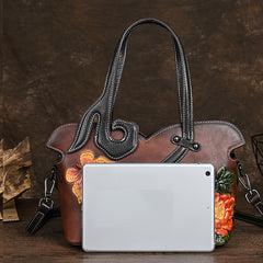 Women's Floral Embossed Leather Crossbody Bag Ethnic Style Coffee & Yellow