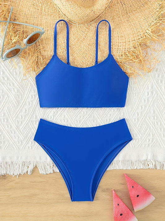Girl's Solid Bikini Set Cami Top & Briefs Stretchy Bathing Suit