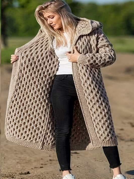  Solid Cable Long Sleeve Hooded Cardigan