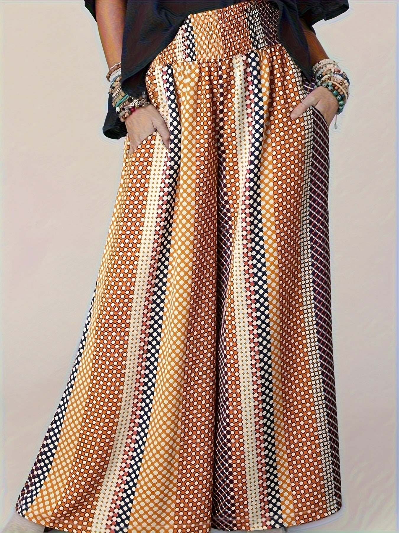  Polka Dot & Striped High Rise Wide Leg Trousers