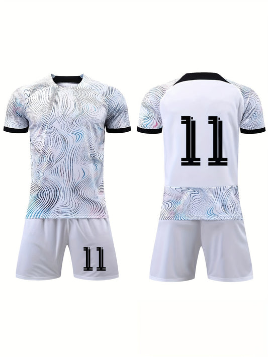 2pcs Kid's Striped And 11 Football Jersey T shirt & Shorts
