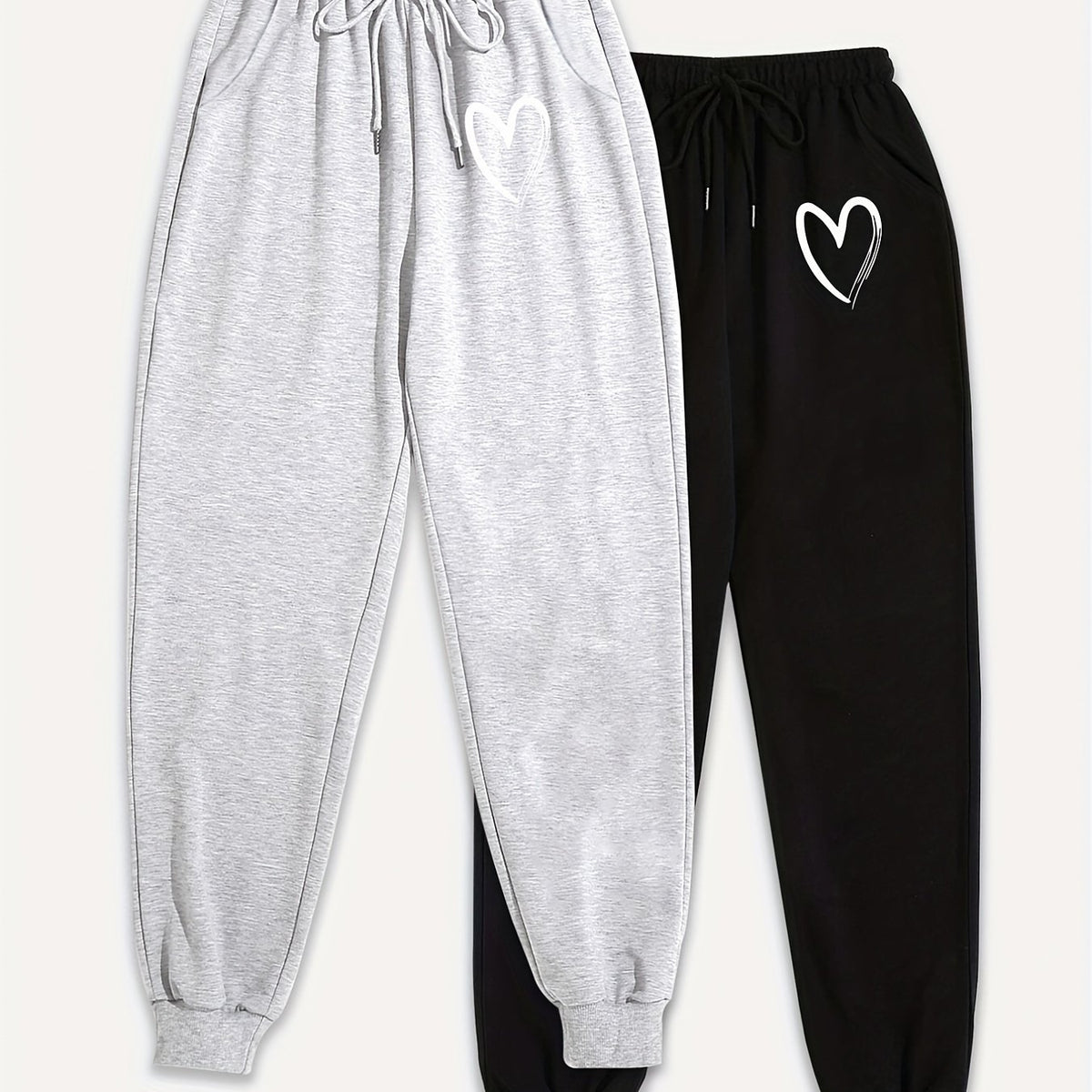 2 Pack Plus Size Joggers Women's Plus Heart Print Elastic Drawstring 2 Pcs Set