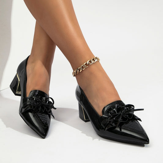 Women's Bow Faux Patent Leather Pumps Pointed Toe Chunky Heels