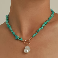Vintage Pearl Pendant Turquoise Beaded Boho Ethnic Style Necklace