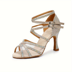 Latin Dance High Heel Shoes w/ Rhinestone Cross Straps for Party