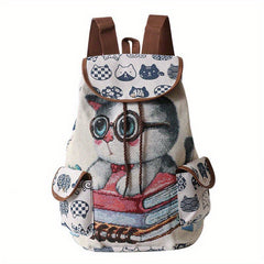 Cat Pattern Flap Backpack Animal Print Bookbag For Students