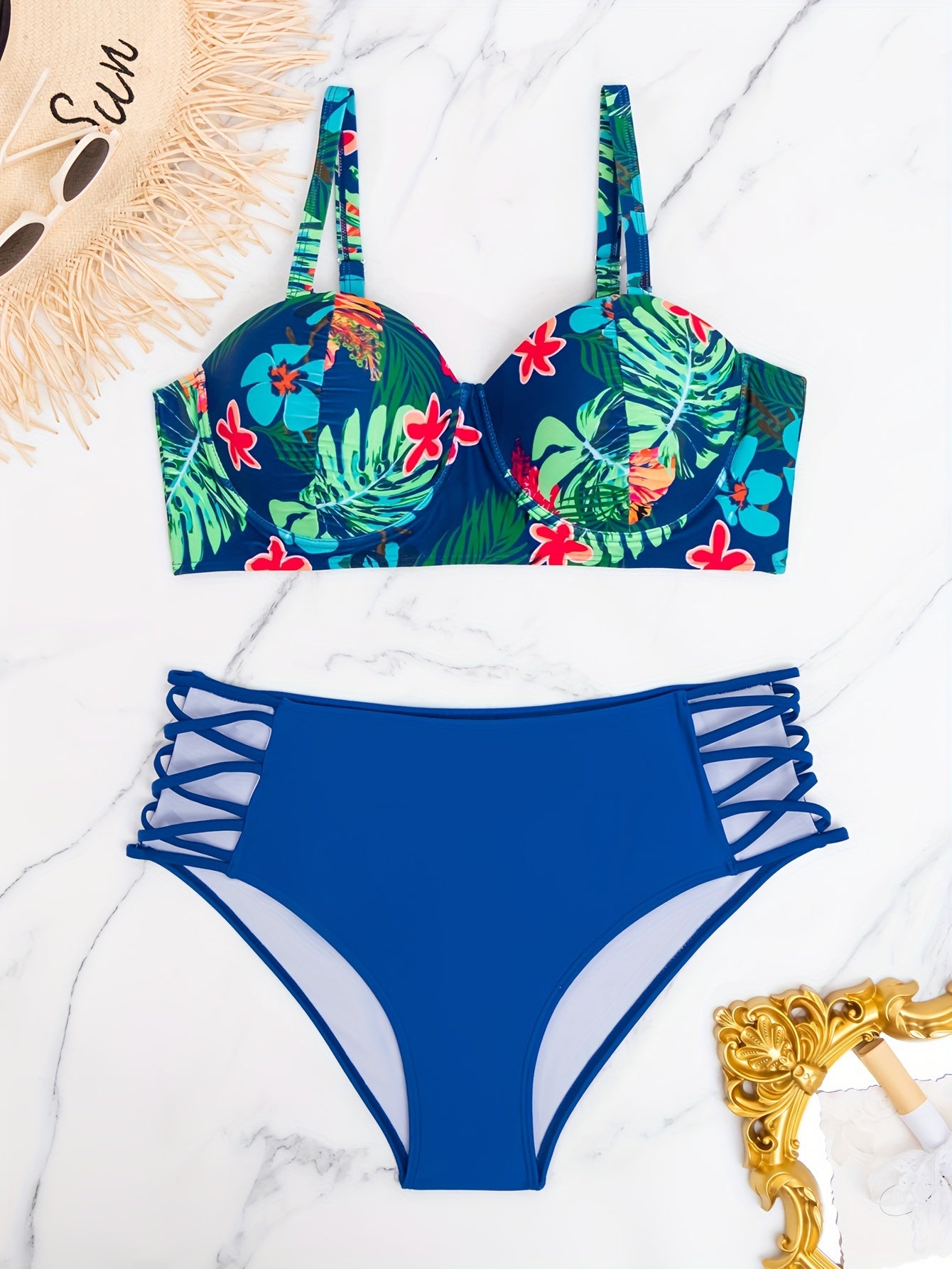  Tropical Print Bra & Panty Swimsuit Set