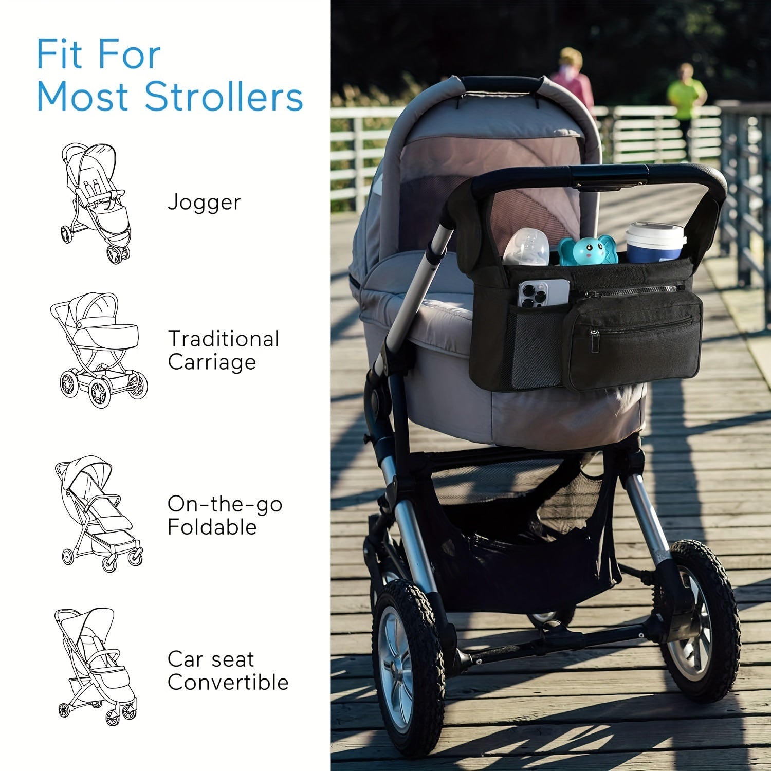 Baby Stroller Manager with Non-Slip Strap, Insulated Cup Holder, Phone Bag