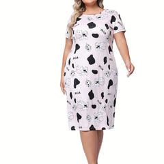 Women's Plus Cow Print Short Sleeve Round Neck High Stretch Sleep Dress