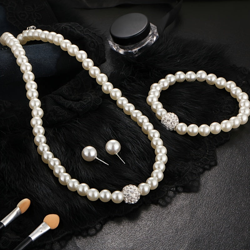 Faux Pearls Jewelry Set Choker Necklace Bracelet Earrings Crystal Chain