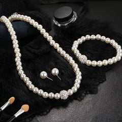 Faux Pearls Jewelry Set Choker Necklace Bracelet Earrings Crystal Chain