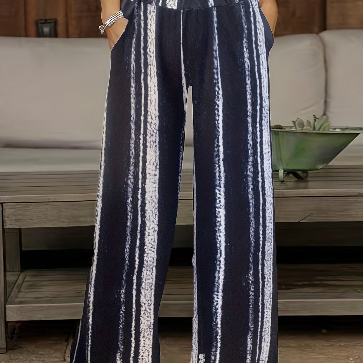  Colorblock Stripe Print Wide Leg Trousers