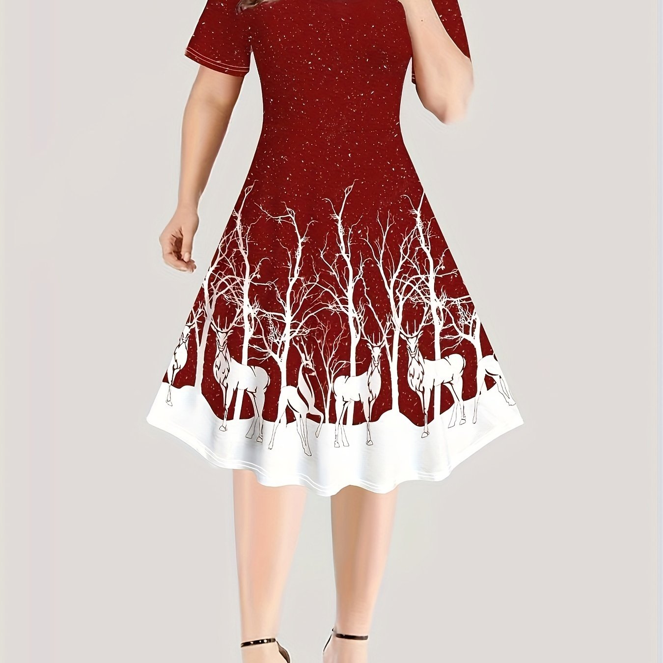 Reindeer Print Short Sleeve Christmas Dress